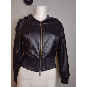 Marc Ecko Red Women's Leather Jacket XS Black Hood Zip Up Bomber Distressed P3